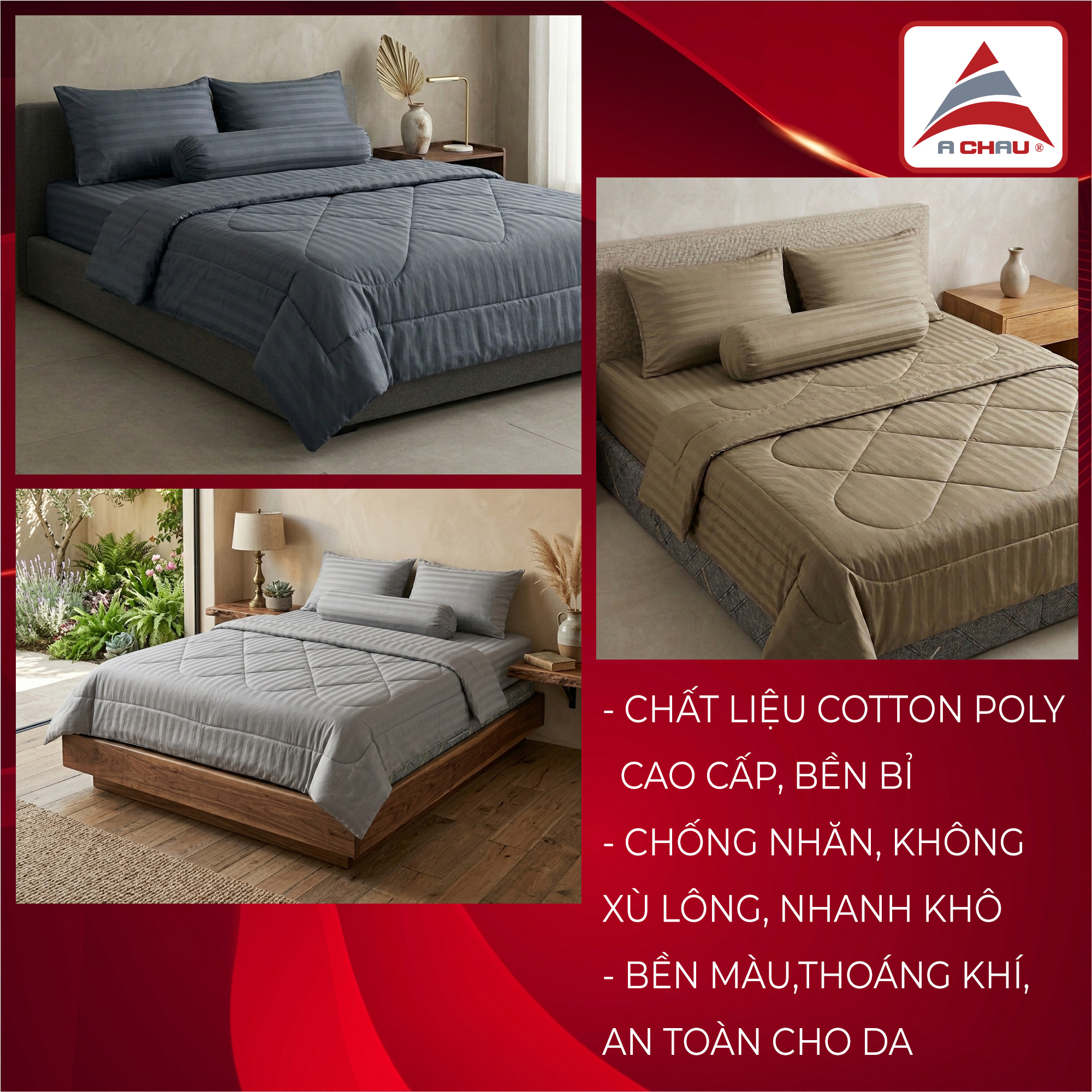 Bộ Chăn Ga Gối Cotton Poly Sọc Satin Cao Cấp 3 Màu Sang Trọng - Xám Sáng, Nâu Khaki, Xám Đậm - Đầy Đủ Kích Thước